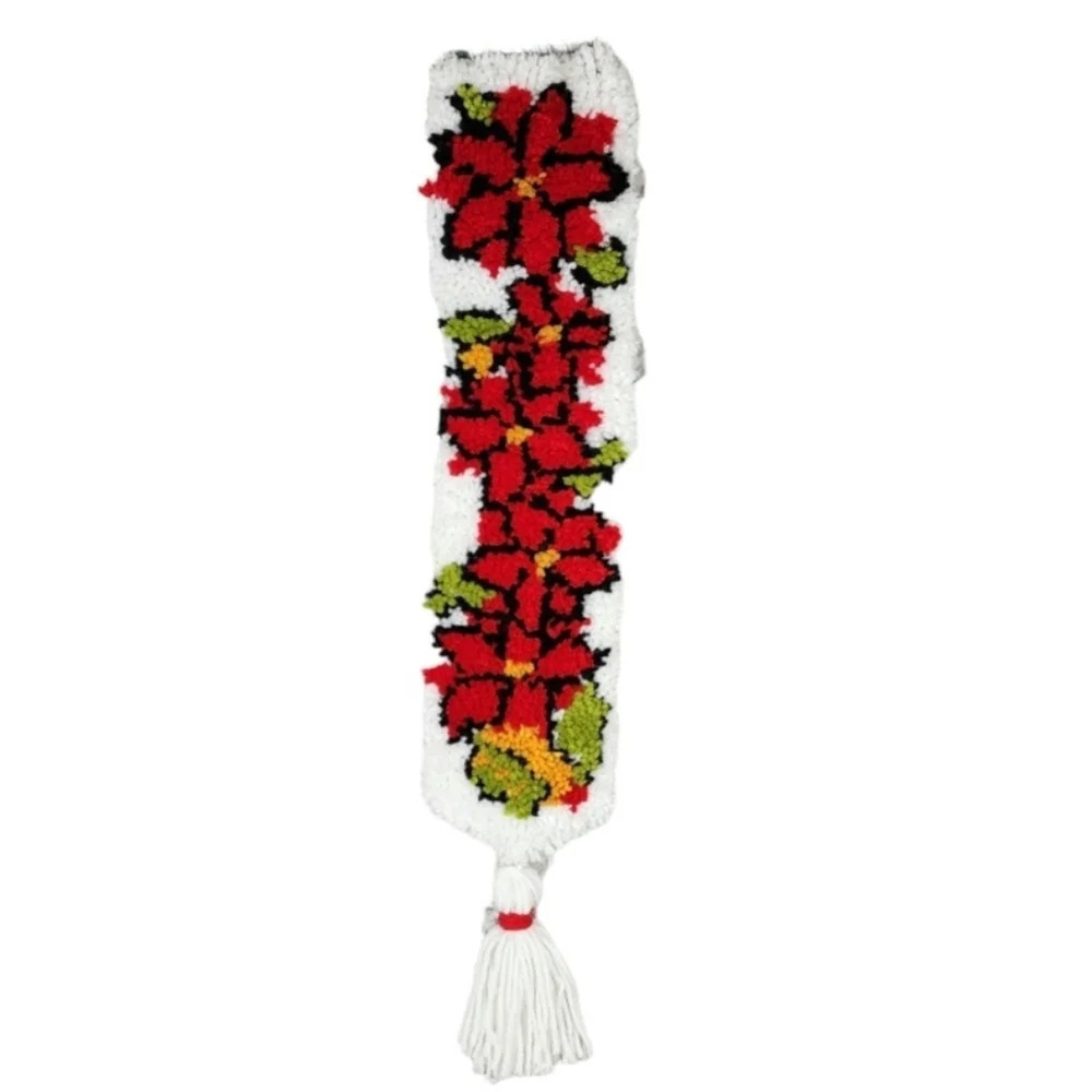 Vintage Christmas Hook Rug Wall Hanging Poinsettia Red White 41" L